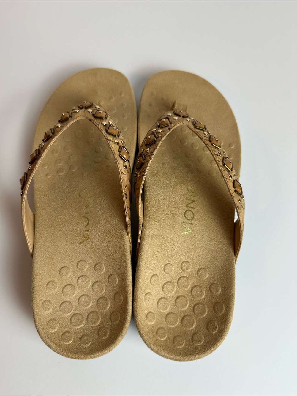 Vionic Floriana Sandals Tan Cork Beaded Orthotic Flip Flops Comfort Size 8.0 - Picture 3 of 10